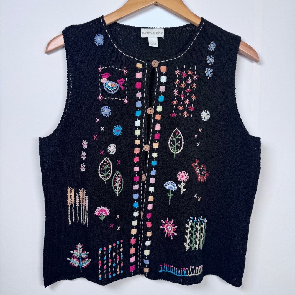Northern Isles Sweater Vest Women L Black Embroidery Floral Bird Cottage Folkart